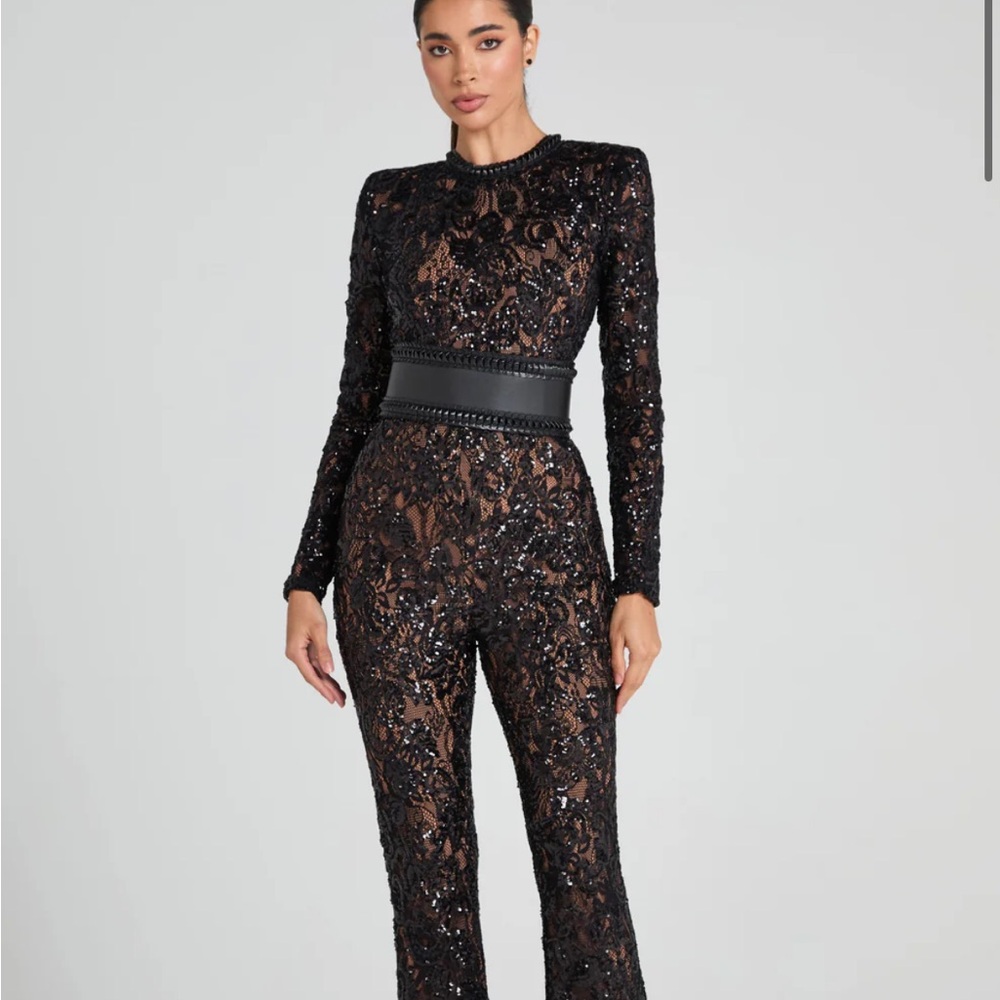 Nadine Merabi Elegant Black Jumpsuit with Lace Overlay and Long Sleeves